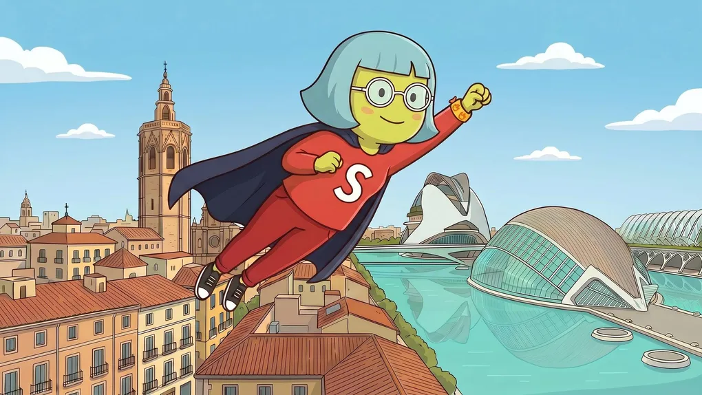 Mascota de Supervecina sobrevolando Valencia con detalle de falla, administrador de fincas online en Valencia