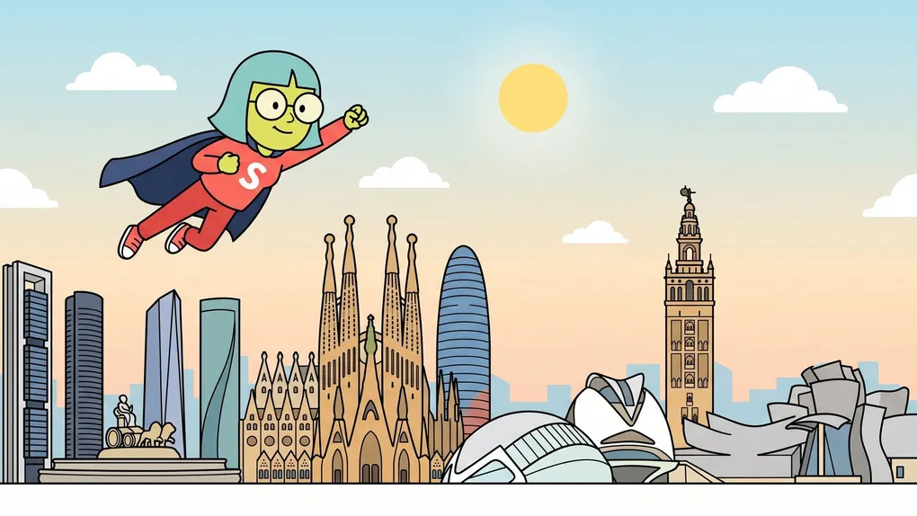 Mascota de Supervecina sobrevolando el horizonte de las ciudades espanolas, administrador de fincas online en Espana