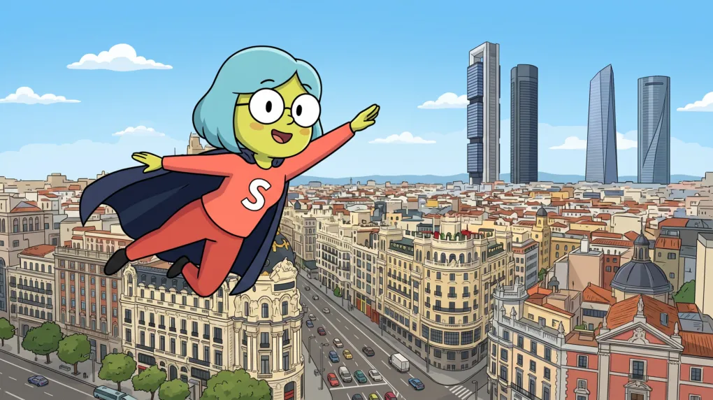 Mascota de Supervecina sobrevolando Madrid, administrador de fincas online en Madrid