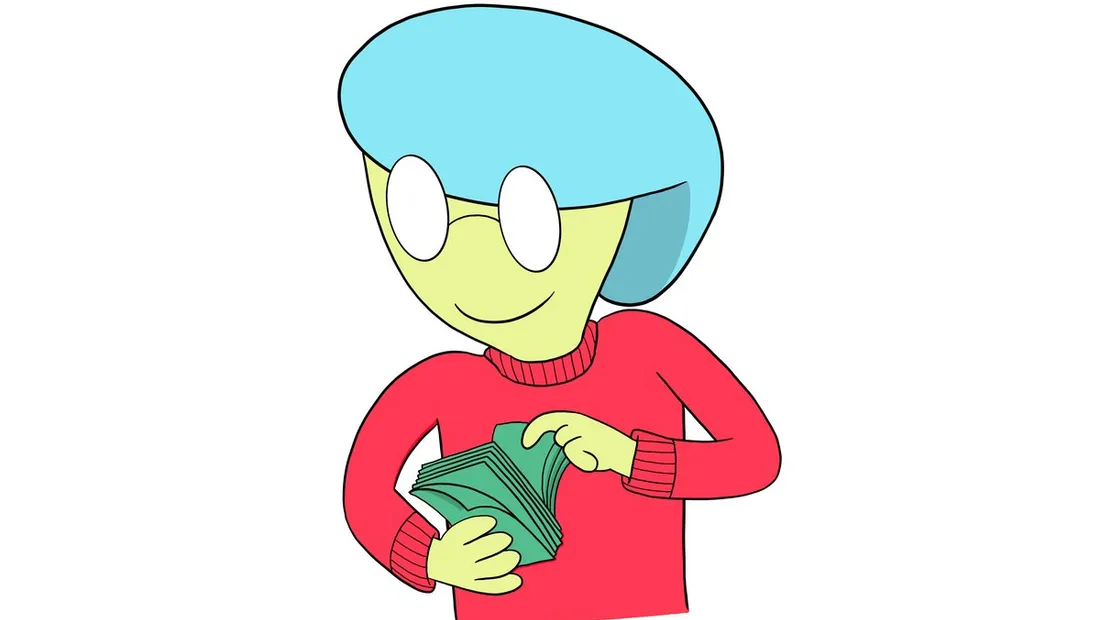 Mascota de Supervecina contando billetes, ilustrando cuánto cuesta un administrador de fincas