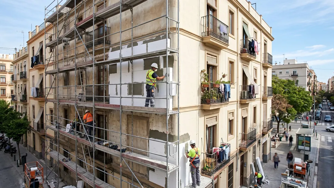 Edificio residencial en rehabilitación energética con andamios, ilustrando el plazo de los fondos Next Generation para comunidades de propietarios