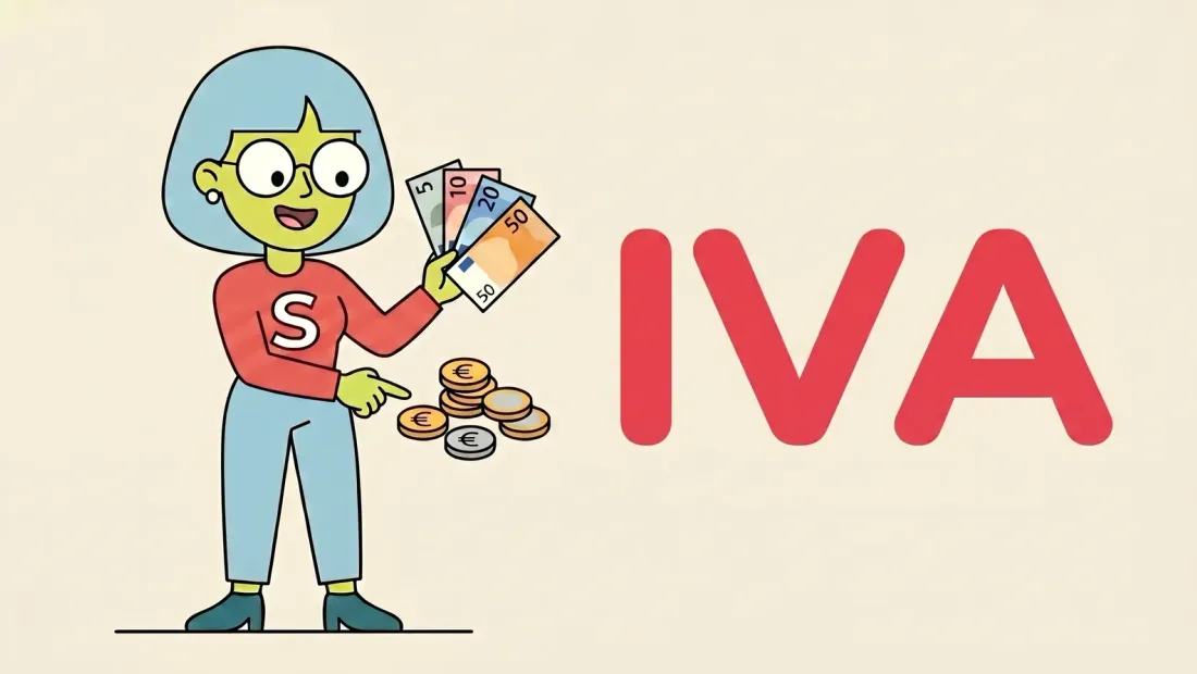 Mascota de Supervecina contando billetes de euro junto a la palabra IVA, sobre el IVA en las comunidades de propietarios