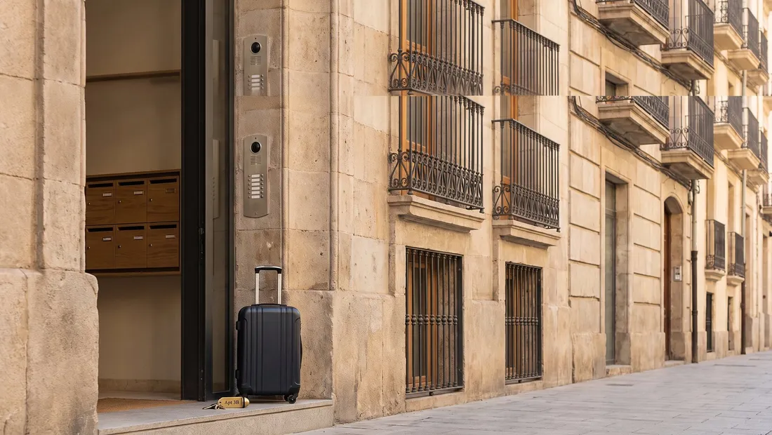 Maleta y llaves en el portal de un edificio residencial: piso turístico que necesita el permiso de la comunidad de propietarios según la doctrina de la DGSJFP