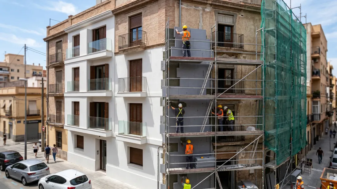 Fachada de una comunidad de propietarios en rehabilitación energética con andamios y paneles de aislamiento antes del cierre de los fondos Next Generation el 30 de junio de 2026